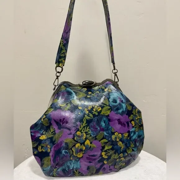Original Design! Cowhide Leather Floral Print Handmade Metal Frame Slouchy Bag - Picture 4 of 16